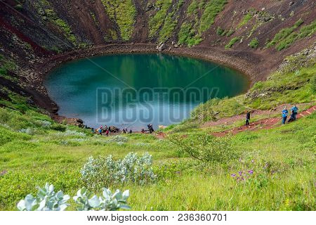 Kerið Volcanic Crater Lake Also Called Kerid Or Kerith In Southern Iceland Is Part Of The Golden Cir