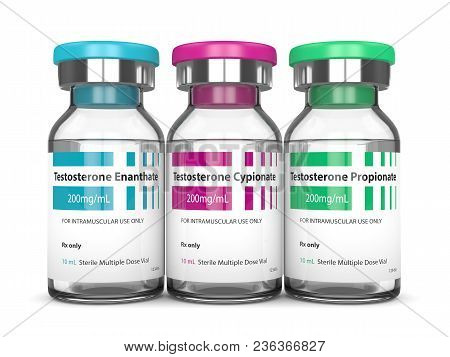 3d Render Of Testosterone Injection Vials Over White Background