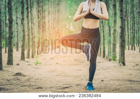 Beautiful Asian Young Woman Standing And Doing Yoga In Forest. Exercise And Meditation Concept. Pay 