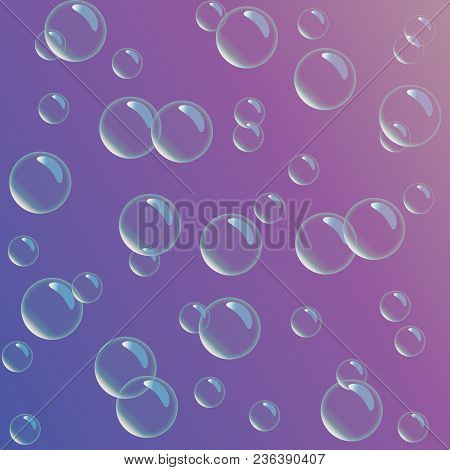 Water Soap Bubbles On Purple Background. Vector Illustration. Realistic Soap Bubbles Background