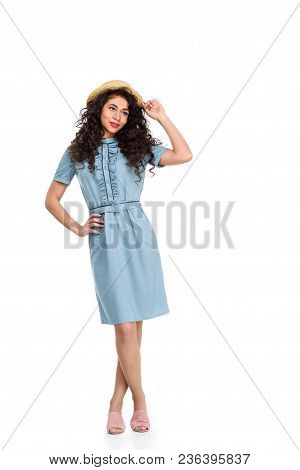Stylish Young Woman In Canotier Hat Isolated On White