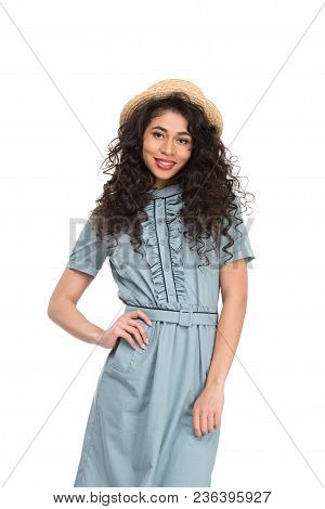 Beautiful Young Woman In Canotier Hat Isolated On White