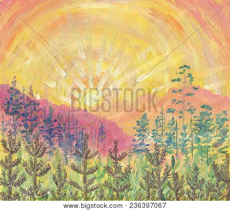 Oil Painting On Canvas. Dawn In The Mountain Gorge. Sun Rays In The Golden Sky. In The Background Th