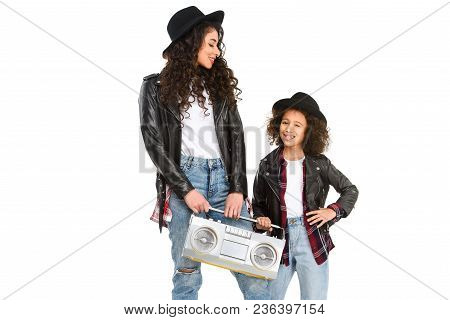 Happy Mother And Daughter With Retro Boombox Isolated On White