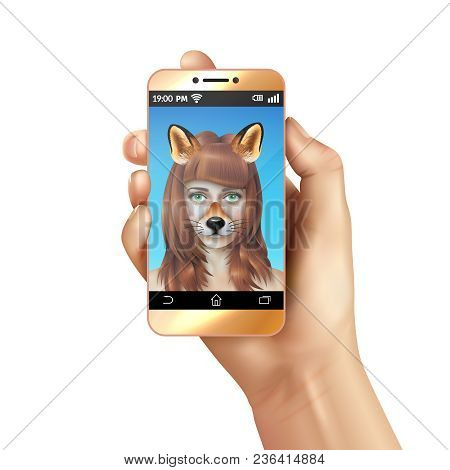 Cute Animal Faces Smartphone Mobile App Composition With Emojji  Creation On Woman Face Vector Illus