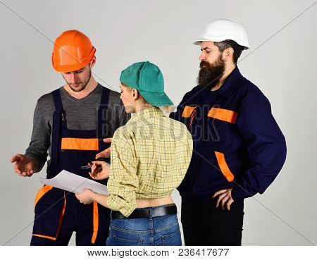 Recruitment Concept. Brigadier, Foreman Hiring Workers For Repair, Sign Contract. Brigade Of Workers