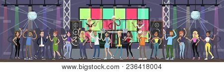 Night Club Room With Dj And People Dancing And Having Fun.