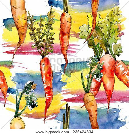 Carrot Healthy Food In A Watercolor Style Pattern. Full Name Of The Vegetables: Carrot. Aquarelle Wi