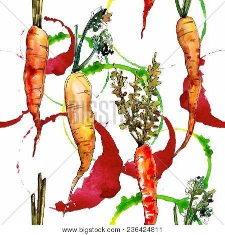 Carrot Healthy Food In A Watercolor Style Pattern. Full Name Of The Vegetables: Carrot. Aquarelle Wi