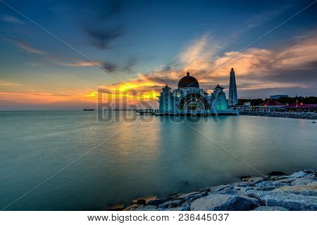 Beautiful Sunset Over The Majestic Mosque, Malacca Straits Mosque (masjid Selat). Soft Focus Due To