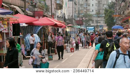North Point, Hong Kong, 16 March 2018:- Tram crossing the Wet market in Hong Kong city 