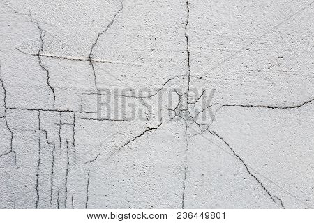Texture Of White Dirty Cracked Wall. Small Straight Cracks. Direct Fracture On Painted Surface. Cell