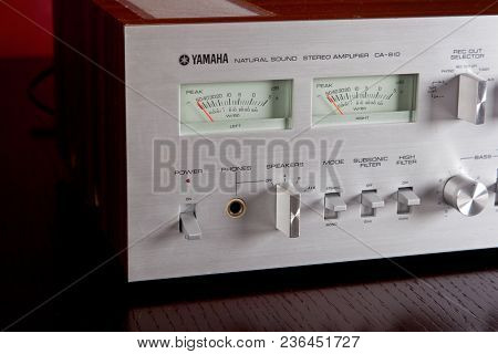 Vintage Stereo Amplifier Frontal Panel with VU meters Closeup 