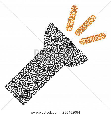 Electric Torch Light Collage Of Round Dots In Different Sizes And Color Shades. Circle Dots Are Orga