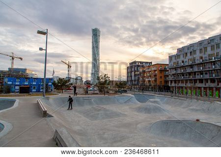 Malmo Skate Park With Turning Torso Skyscraper On The Background