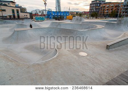 Malmo Skate Park With Turning Torso Skyscraper On The Background