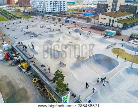 Aerial View Of The Skate Park In Malmo, Sweden. Largest Skate Park In Europe. July 10, 2017.