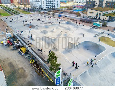 Aerial View Of The Skate Park In Malmo, Sweden. Largest Skate Park In Europe. July 10, 2017.