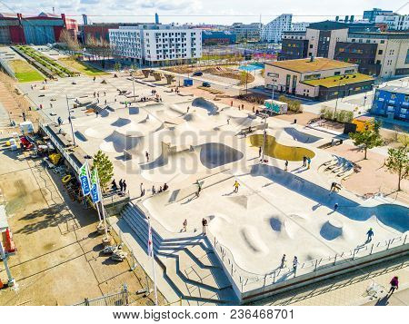 Aerial View Of The Skate Park In Malmo, Sweden. Largest Skate Park In Europe. July 10, 2017.