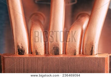 Aluminum Radiator With Copper Heat Pipe Close-up With Beautiful Bokeh Metallic