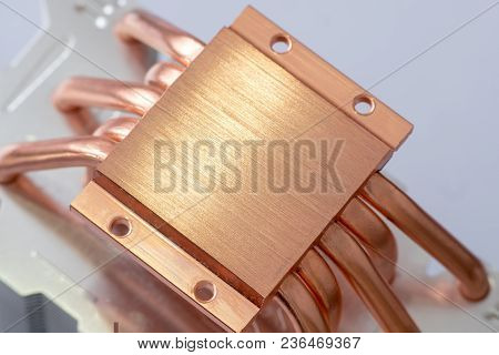 Aluminum Radiator With Copper Heat Pipe Close-up With Beautiful Bokeh Concept Of Air Cooling Of The 