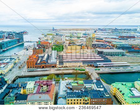 Aerial Malmo City View From Above With Harbour, Turning Torso And The Bridge On The Horizon