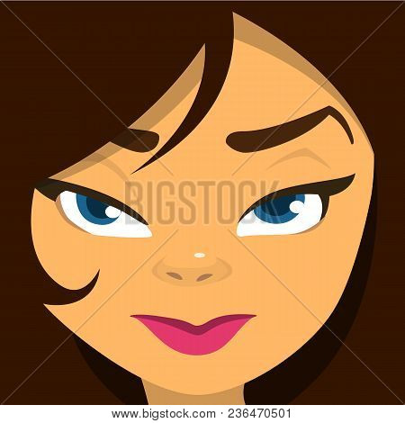 Cartoon Teenager Girl Portrait With Curly Black Haircut .  Vector Illustration