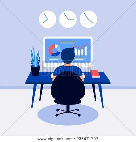 Data Analysis Design Concept. Analyst Working. Man, Laptop Screen With Data Analysis Graphs Ansd Cha