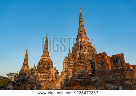 Ancient Ruins Of Wat Phra Si Sanphet Temple. Wat Phra Si Sanphet Is Unesco World Heritage Site In Ay