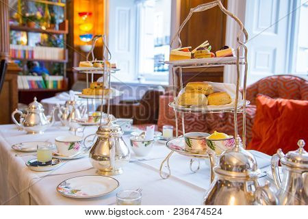London, Uk. April 10, 2017. Classical London Afternoon Tea With English Breakfast In A Luxury Hotel.