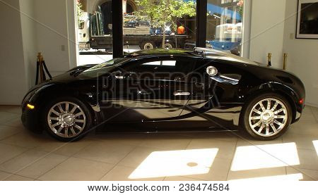 Side View Of A Black Bugatti Veyron Sports Car On Display, Chicago, Il August 14 2009