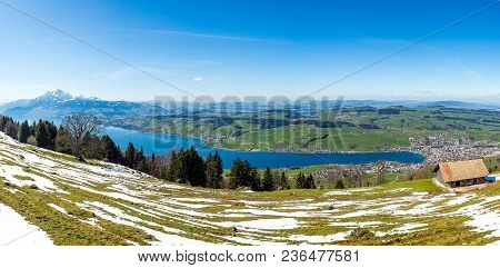 Panoramic View Of The Mountains And Lake View In Switzerland In The Early Morning.