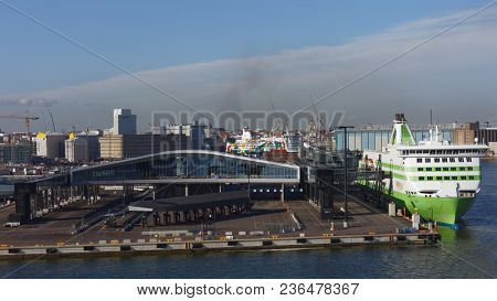 HELSINKI, FINLAND - JULY 29, 2017: View from the outgoing ship to the West Terminal 2. It was opened in February 2017 and specialised in fast scheduled traffic to Tallinn, Estonia