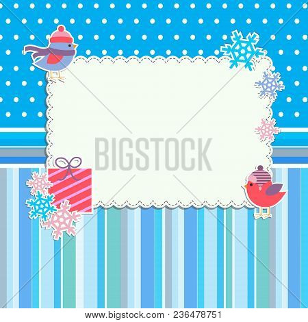 Winter Frame With Cute Birds And Snowflakes