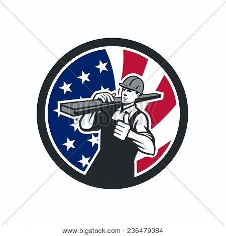 Icon Retro Style Illustration Of An American Lumberyard Worker Carrying Timber On Shoulder With Thum