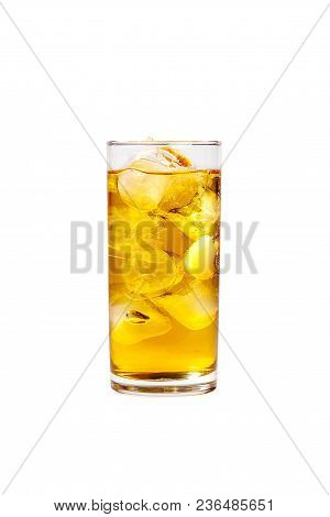 Single-color Transparent Cocktail, Yellow Refreshing Carbonated In A High Glass With Ice Cubes With 