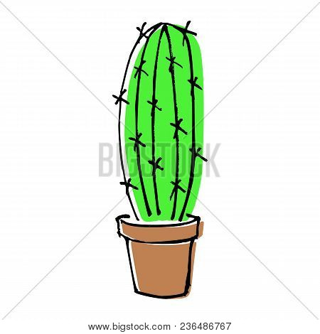 Sketch Doodle Home Green Cactus In Brown Pot, Flat Cartoon Colors, Stock Vector Illustration