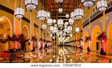 Luxury Lobby Design Hall In A Movenpick Batutta Gate Hotel. Amazing Interior Decorations.uae, Dubai,