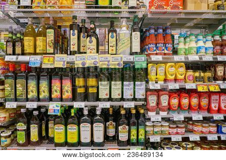 ROME, ITALY - CIRCA NOVEMBER 2017: inside Carrefour Express store in Rome. Carrefour Express is a convenience store chain owned and operated by French retailer Carrefour.