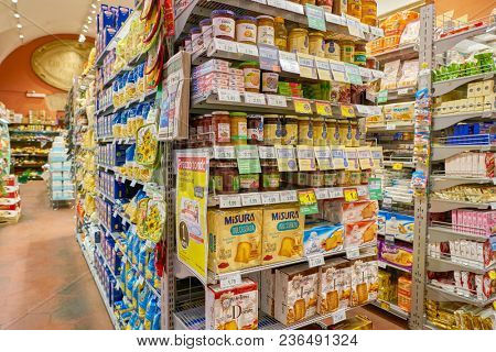 ROME, ITALY - CIRCA NOVEMBER 2017: inside Carrefour Express store in Rome. Carrefour Express is a convenience store chain owned and operated by French retailer Carrefour.