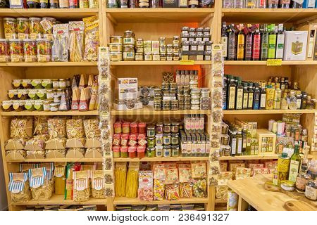ROME, ITALY - CIRCA NOVEMBER 2017: shelves in a grocery store in Rome.