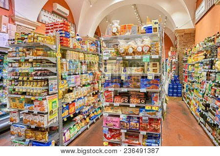 ROME, ITALY - CIRCA NOVEMBER 2017: inside Carrefour Express store in Rome. Carrefour Express is a convenience store chain owned and operated by French retailer Carrefour.