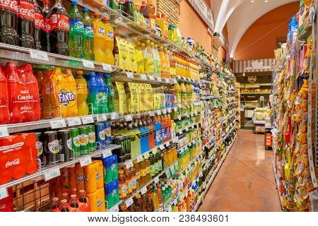 ROME, ITALY - CIRCA NOVEMBER 2017: inside Carrefour Express store in Rome. Carrefour Express is a convenience store chain owned and operated by French retailer Carrefour.