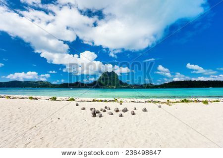 Beautiful beach with a view of Otemanu mountain on Bora Bora island
