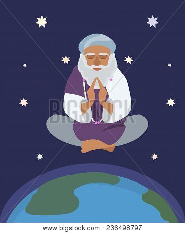 Oriental Sage At Nirvana State,  Vector Cartoon Illustration In Flat Style