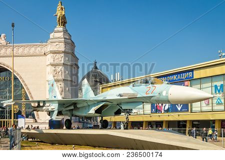 Russia, Moscow - April 15, 2018: Su-27 (flanker) Jet Fighter At The Vdnkh Exhibition In Moscow.