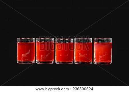 Monochrome Transparent Cocktails, A Set Of Shots In One Row, Five Servings, With A Taste Of Berries,