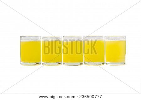 Single-color Opaque Cocktails, A Set Of Shots In One Row, Five Servings, With The Taste Of Pineapple