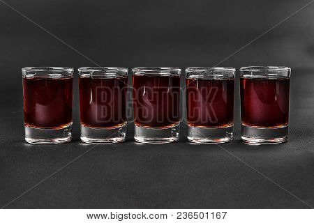 Monochrome Transparent Cocktails, A Set Of Shots In One Row, Five Servings, With Taste Of Berries, C