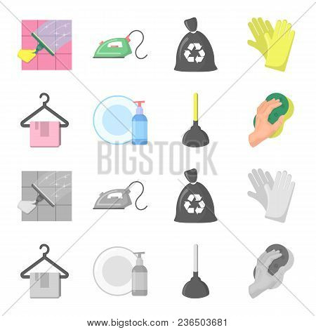 Cleaning And Maid Cartoon, Monochrome Icons In Set Collection For Design. Equipment For Cleaning Vec